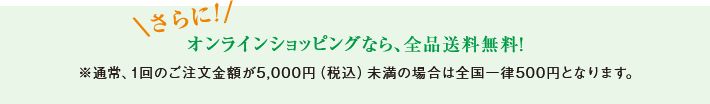 さらに!オンラインショッピングなら、全品送料無料!※通常、1回のご注文金額が5,000円(税込)未満の場合は全国一律500円となります。